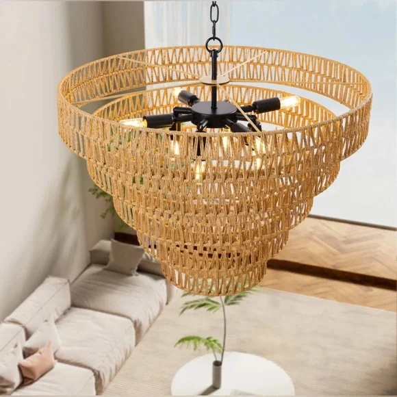 8-Light Dimmable Hand-Woven Rattan Tiered Chandelier - Picture 2 of 10